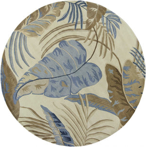 HomeRoots 5' Tropical Botanical Wool Area Rug in Ivory, Blue & Brown - Hand-Tufted Coastal Charm for Any Room 8' Round 350155