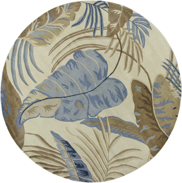 HomeRoots 5' Tropical Botanical Wool Area Rug in Ivory, Blue & Brown - Hand-Tufted Coastal Charm for Any Room 8' Round 350155