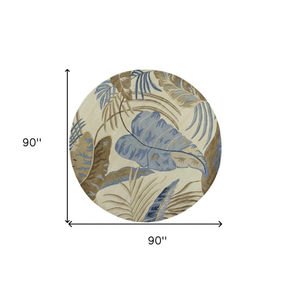 HomeRoots 5' Tropical Botanical Wool Area Rug in Ivory, Blue & Brown - Hand-Tufted Coastal Charm for Any Room 8' Round 350155
