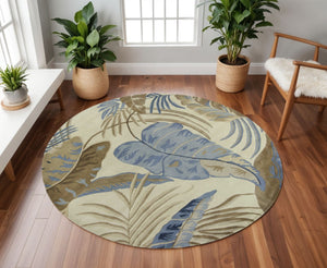 HomeRoots 5' Tropical Botanical Wool Area Rug in Ivory, Blue & Brown - Hand-Tufted Coastal Charm for Any Room 8' Round 350155