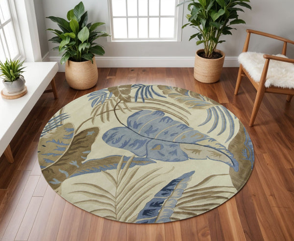HomeRoots 5' Tropical Botanical Wool Area Rug in Ivory, Blue & Brown - Hand-Tufted Coastal Charm for Any Room 8' Round 350155