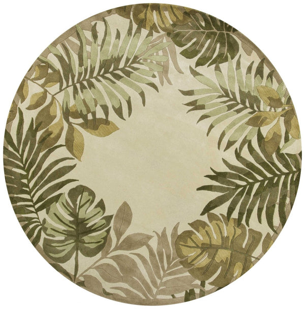 HomeRoots 5' Hand-Tufted Wool Area Rug with Elegant Ivory and Green Botanical Design for Cozy Interiors 8' Round 350158