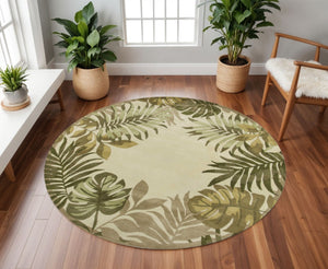 HomeRoots 5' Hand-Tufted Wool Area Rug with Elegant Ivory and Green Botanical Design for Cozy Interiors 8' Round 350158