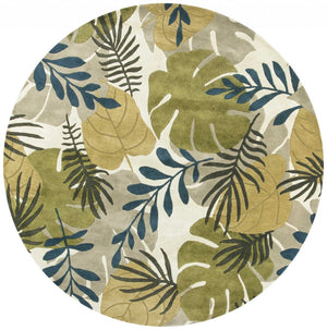 HomeRoots 5' Luxurious Wool Botanical Leaves Area Rug - Hand-Tufted Ivory, Green & Blue for Cozy Spaces 7' Round 350159