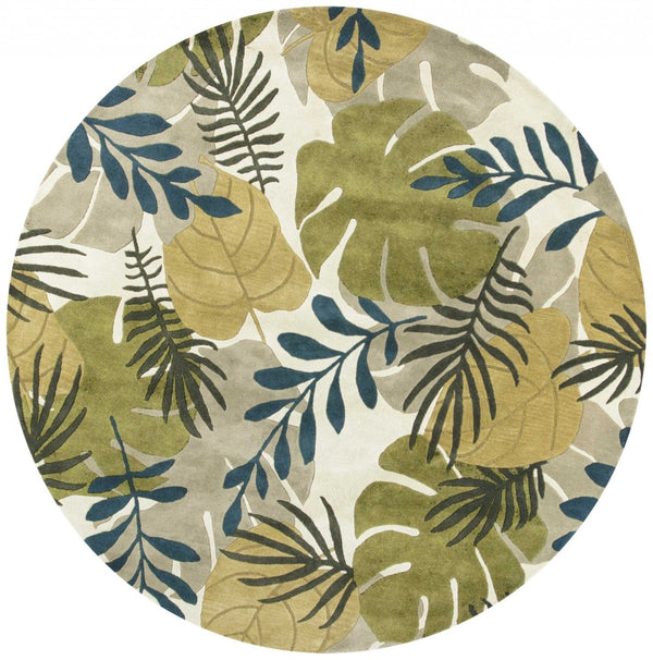 HomeRoots 5' Luxurious Wool Botanical Leaves Area Rug - Hand-Tufted Ivory, Green & Blue for Cozy Spaces 7' Round 350159