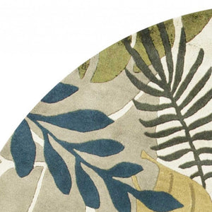 HomeRoots 5' Luxurious Wool Botanical Leaves Area Rug - Hand-Tufted Ivory, Green & Blue for Cozy Spaces 7' Round 350159