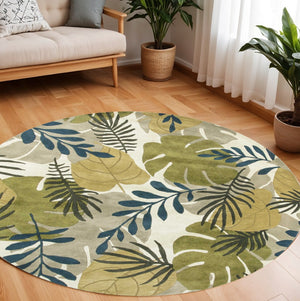 HomeRoots 5' Luxurious Wool Botanical Leaves Area Rug - Hand-Tufted Ivory, Green & Blue for Cozy Spaces 7' Round 350159