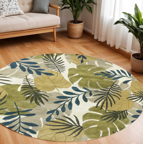 HomeRoots 5' Luxurious Wool Botanical Leaves Area Rug - Hand-Tufted Ivory, Green & Blue for Cozy Spaces 7' Round 350159