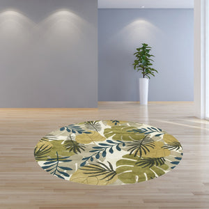 HomeRoots 5' Luxurious Wool Botanical Leaves Area Rug - Hand-Tufted Ivory, Green & Blue for Cozy Spaces 7' Round 350159