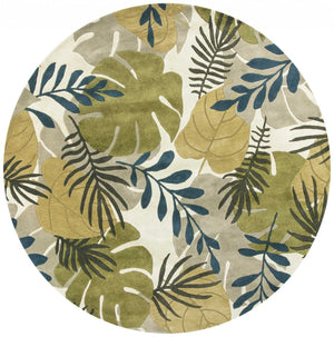 HomeRoots 5' Luxurious Wool Botanical Leaves Area Rug - Hand-Tufted Ivory, Green & Blue for Cozy Spaces 7' Round 350159