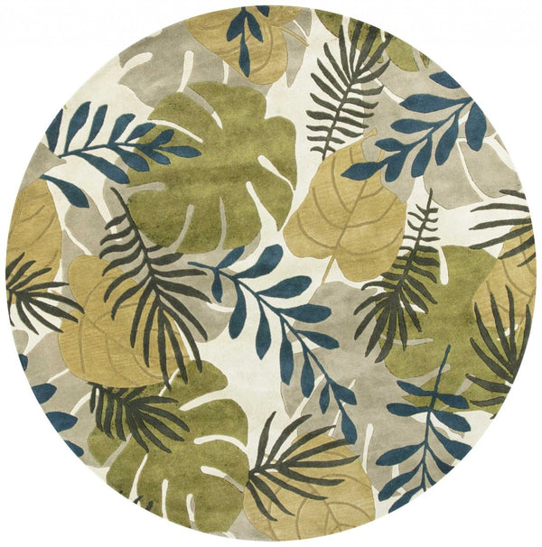 HomeRoots 5' Luxurious Wool Botanical Leaves Area Rug - Hand-Tufted Ivory, Green & Blue for Cozy Spaces 7' Round 350159