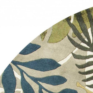 HomeRoots 5' Luxurious Wool Botanical Leaves Area Rug - Hand-Tufted Ivory, Green & Blue for Cozy Spaces 7' Round 350159