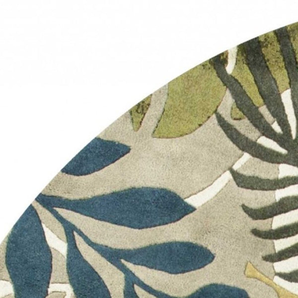 HomeRoots 5' Luxurious Wool Botanical Leaves Area Rug - Hand-Tufted Ivory, Green & Blue for Cozy Spaces 7' Round 350159