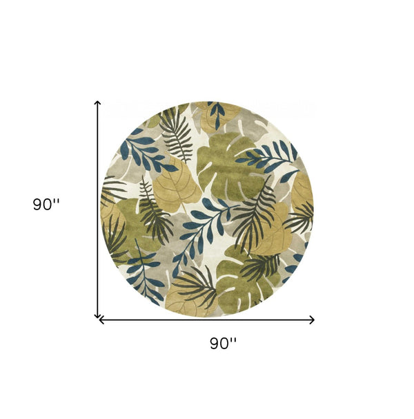 HomeRoots 5' Luxurious Wool Botanical Leaves Area Rug - Hand-Tufted Ivory, Green & Blue for Cozy Spaces 7' Round 350159