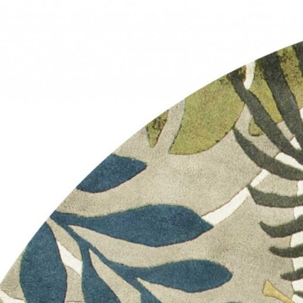 HomeRoots 5' Luxurious Wool Botanical Leaves Area Rug - Hand-Tufted Ivory, Green & Blue for Cozy Spaces 7' Round 350159