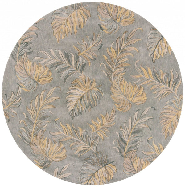 HomeRoots 5' Elegant Gray and Taupe Hand-Tufted Wool Area Rug with Botanical Leaves for Cozy Living Spaces 8' Round 350160