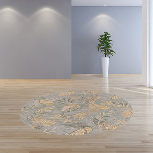 HomeRoots 5' Elegant Gray and Taupe Hand-Tufted Wool Area Rug with Botanical Leaves for Cozy Living Spaces 8' Round 350160