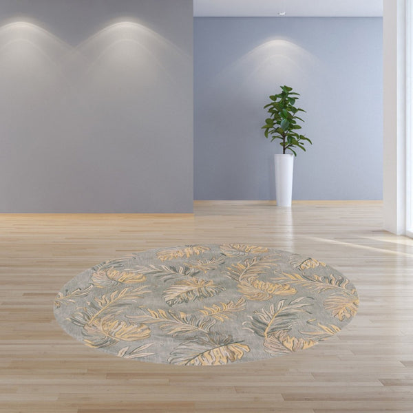 HomeRoots 5' Elegant Gray and Taupe Hand-Tufted Wool Area Rug with Botanical Leaves for Cozy Living Spaces 8' Round 350160