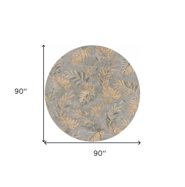 HomeRoots 5' Elegant Gray and Taupe Hand-Tufted Wool Area Rug with Botanical Leaves for Cozy Living Spaces 8' Round 350160