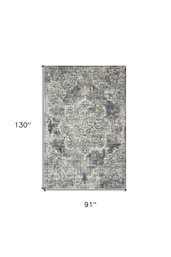 Homeroots 8' X 11' Ivory Machine Woven Distressed Diamond Floral Medallion Indoor Area Rug  Polyester 350167