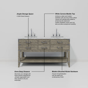 English Elm Grey Oak Double Bath Vanity 60" W With Elegant Carrara Marble Top, Soft-Close Drawers & Storage Solutions B2731P260264
