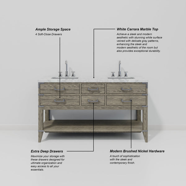 English Elm Grey Oak Double Bath Vanity 60" W With Elegant Carrara Marble Top, Soft-Close Drawers & Storage Solutions B2731P260264
