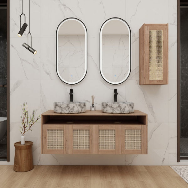 English Elm 48" Floating Bathroom Vanity Dual Ceramic Vessel Sinks Oak Finish Soft Close Doors W999S00500