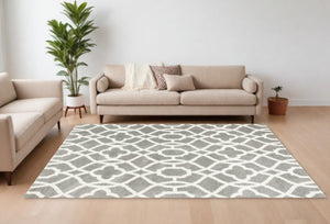 Homeroots 8' X 11' Grey Ivory Machine Woven Ogee Indoor Shag Area Rug  Microfiber 350186