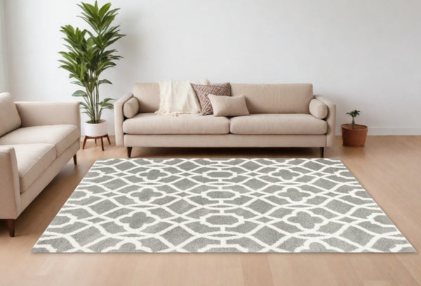 Homeroots 8' X 11' Grey Ivory Machine Woven Ogee Indoor Shag Area Rug  Microfiber 350186