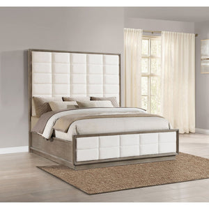 English Elm Prescott Eastern King Bed Cream Grid Tufted Headboard Taupe Oak Wood Frame B062S01485