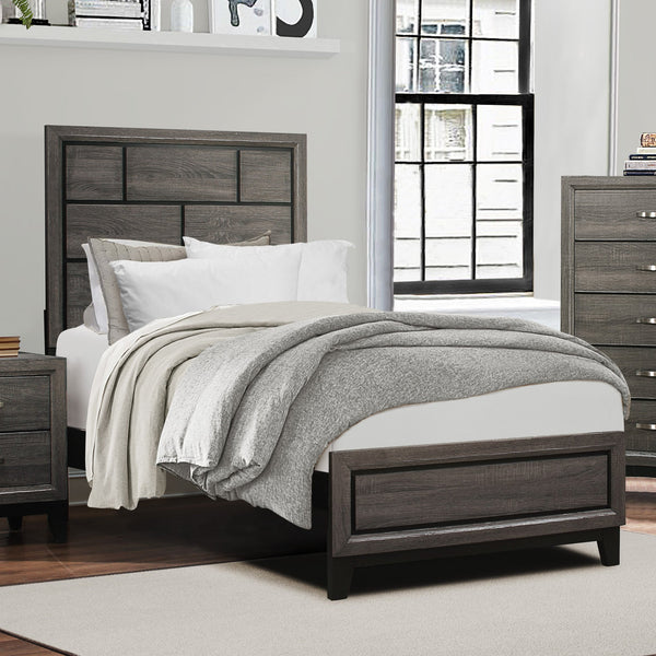 English Elm Modern Twin Bed Gray Finish Wood Grain Twin Bedframe with Line-Design Headboard, Contemporary Style B011S01974