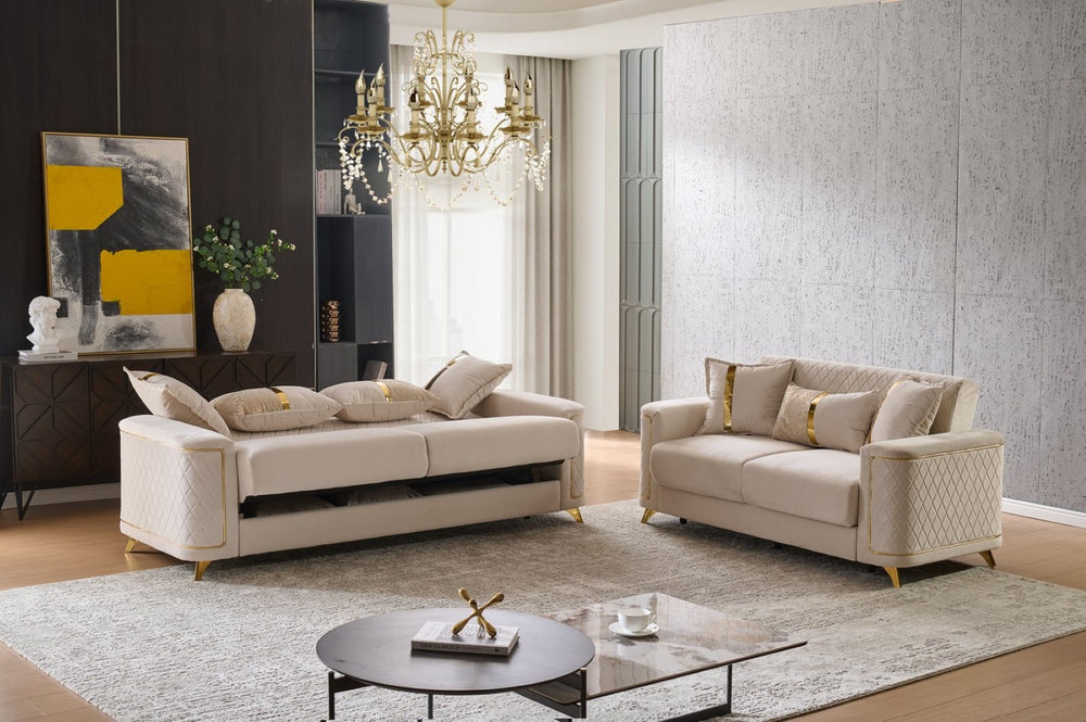 English Elm Lisa Quilted Ivory Sofa and Loveseat Set with Gold Legs for Elegant Living Rooms B009S02227