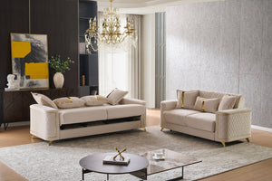 English Elm Lisa Quilted Ivory Sofa and Loveseat Set with Gold Legs for Elegant Living Rooms B009S02227