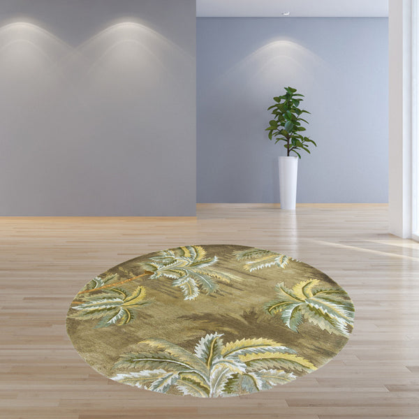 Homeroots 8' Moss Green Hand Tufted Tropical Trees Round Indoor Area Rug  Wool 350205