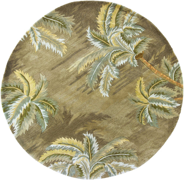 Homeroots 8' Moss Green Hand Tufted Tropical Trees Round Indoor Area Rug  Wool 350205