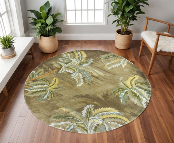 HomeRoots 5' Tropical Botanical Wool Area Rug in Moss Green and Yellow - Hand-Tufted Elegance for Your Home 8' Round 350205