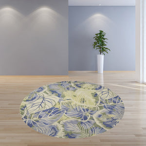 HomeRoots 5' Tropical Botanical Wool Area Rug in Blue Green Beige – Hand-Tufted, Stylish Comfort for Your Home 7' Round 350206