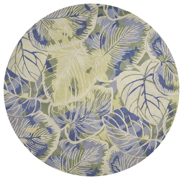 HomeRoots 5' Tropical Botanical Wool Area Rug in Blue Green Beige – Hand-Tufted, Stylish Comfort for Your Home 7' Round 350206