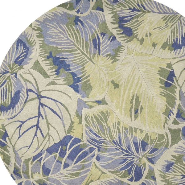 HomeRoots 5' Tropical Botanical Wool Area Rug in Blue Green Beige – Hand-Tufted, Stylish Comfort for Your Home 7' Round 350206