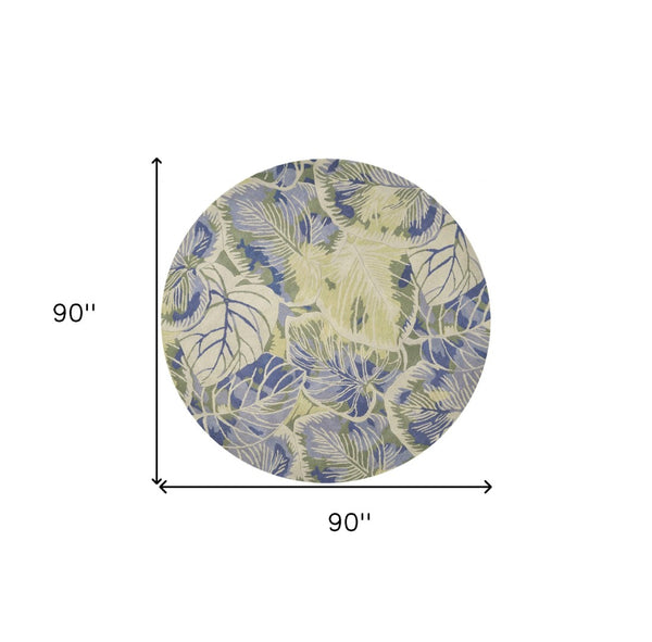 HomeRoots 5' Tropical Botanical Wool Area Rug in Blue Green Beige – Hand-Tufted, Stylish Comfort for Your Home 7' Round 350206