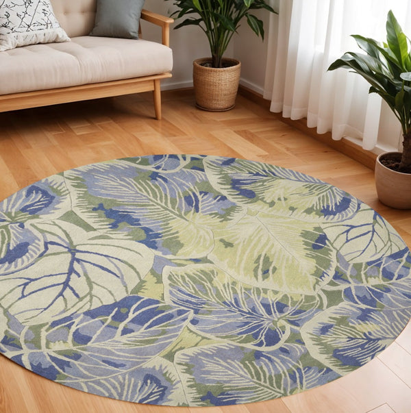 HomeRoots 5' Tropical Botanical Wool Area Rug in Blue Green Beige – Hand-Tufted, Stylish Comfort for Your Home 7' Round 350206