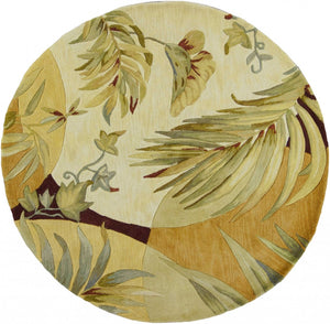 HomeRoots 5' Coral Green and Ivory Hand-Tufted Wool Area Rug with Tropical Botanical Design for Elegant Spaces 8' Round 350207