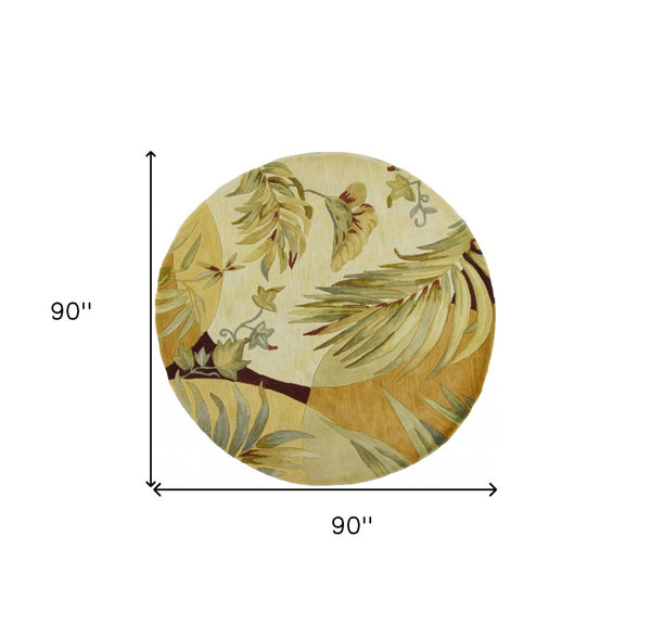 HomeRoots 5' Coral Green and Ivory Hand-Tufted Wool Area Rug with Tropical Botanical Design for Elegant Spaces 8' Round 350207