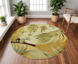 HomeRoots 5' Coral Green and Ivory Hand-Tufted Wool Area Rug with Tropical Botanical Design for Elegant Spaces 8' Round 350207
