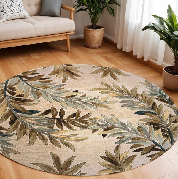 HomeRoots 5' Hand-Tufted Wool Area Rug with Botanical Leaves in Ivory, Brown, and Blue – Artisan Crafted Elegance 7' Round 350208