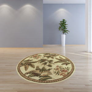 Homeroots 8' Ivory Hand Tufted Bordered Tropical Plants Round Indoor Area Rug  Wool 350209