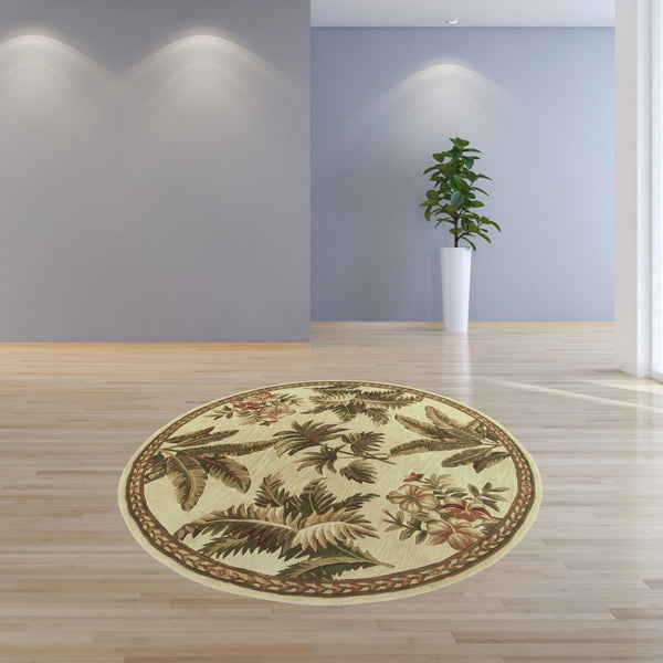 Homeroots 8' Ivory Hand Tufted Bordered Tropical Plants Round Indoor Area Rug  Wool 350209