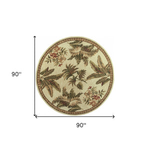 Homeroots 8' Ivory Hand Tufted Bordered Tropical Plants Round Indoor Area Rug  Wool 350209
