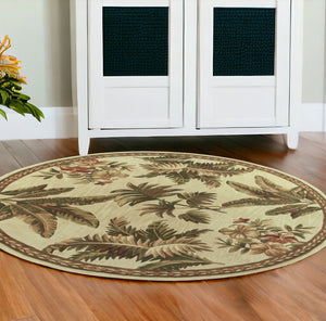 Homeroots 8' Ivory Hand Tufted Bordered Tropical Plants Round Indoor Area Rug  Wool 350209