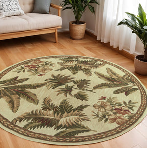 HomeRoots 5' Tropical Botanical Wool Area Rug - Hand-Tufted Ivory, Green & Brown - Elegant Home Accent 8' Round 350209